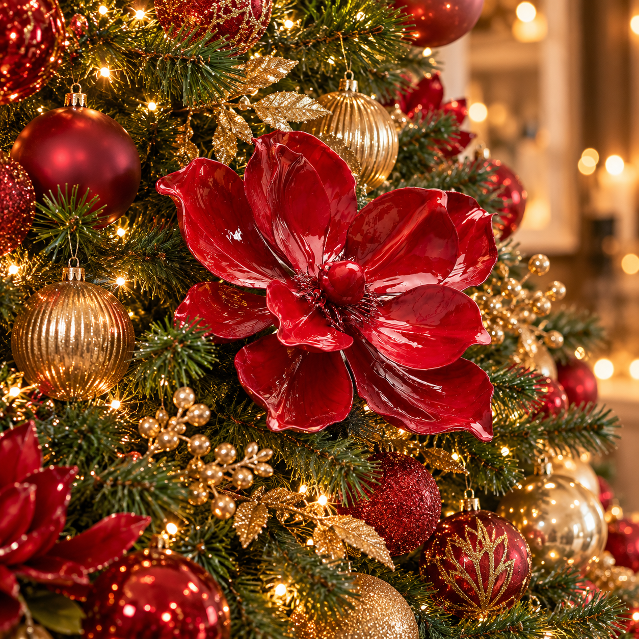 Magnolia Glossy Rossa EDG Enzo De Gasperi utilizzata come decorazione su albero di Natale con palline rosse e oro