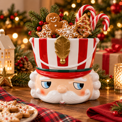 Vaso Schiaccianoci rosso in ceramica ambientato con decorazioni di Natale