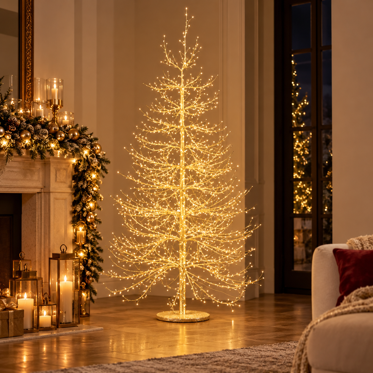 Albero LED Faggio Luminoso Oro H 150 cm EDG Enzo De Gasperi con 1440 microLED luce calda ambientato in soggiorno natalizio
