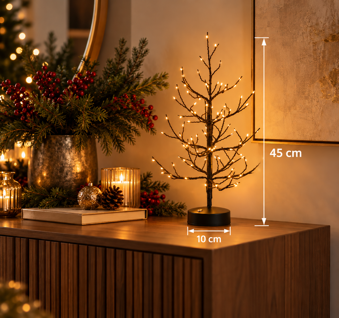 Albero LED Faggio Nero EDG Enzo De Gasperi H 45 × Ø 10 cm con 90 MiniLED dimmerabili ambientato con misure