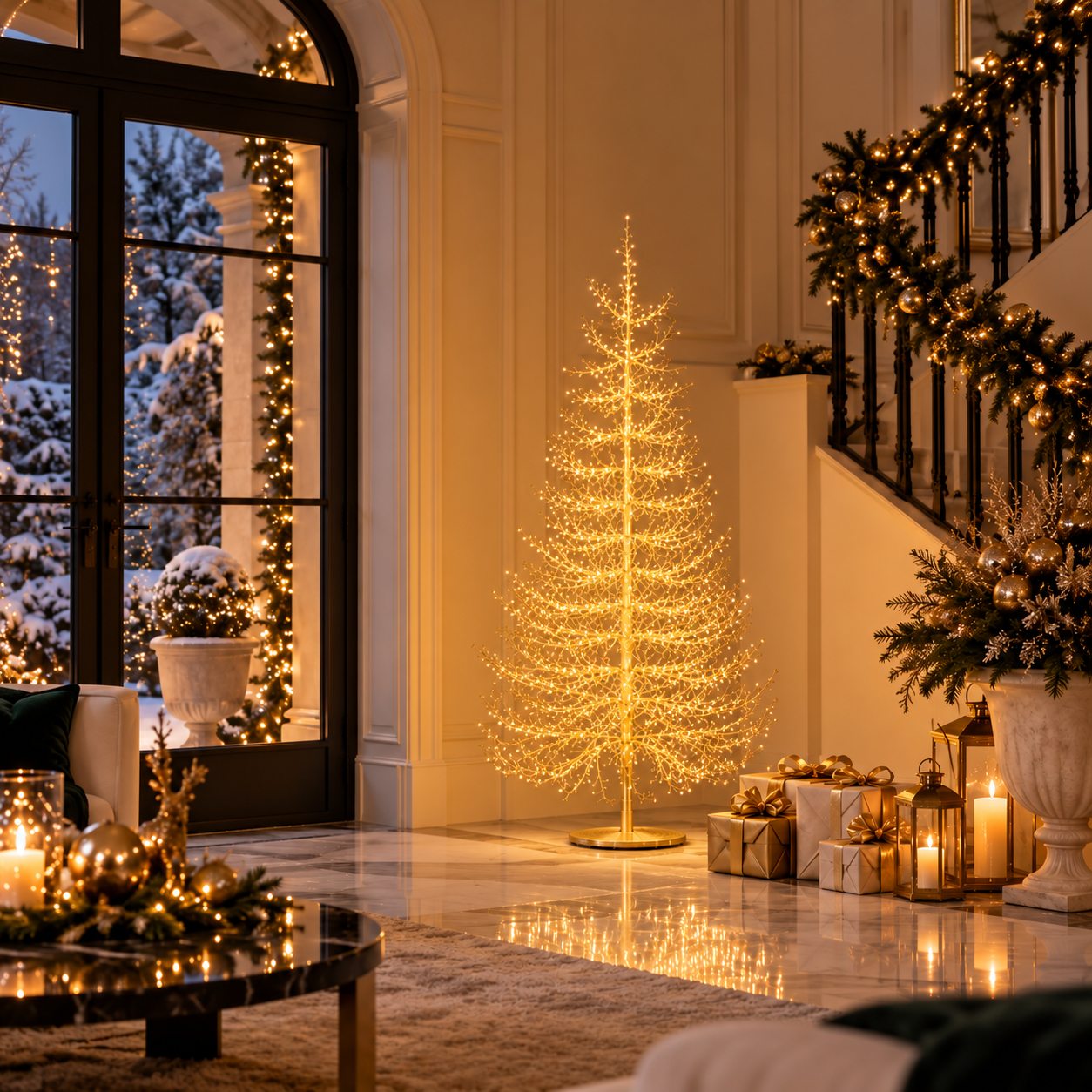 Albero LED Faggio Luminoso Oro H 210 cm EDG Enzo De Gasperi con 2690 MicroLED luce calda ambientato in elegante ingresso natalizio