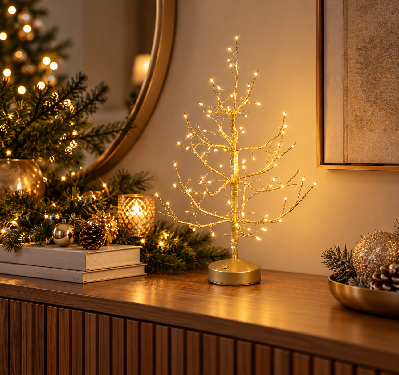 Albero LED Faggio Oro EDG Enzo De Gasperi H 45 × Ø 10 cm con 90 MiniLED dimmerabili ambientato