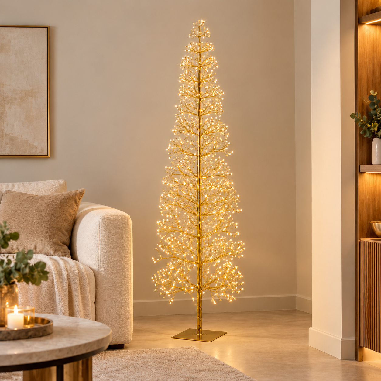Albero LED Faggio Slim Oro EDG Enzo De Gasperi H 150 cm con MicroLED a luce calda ambientato