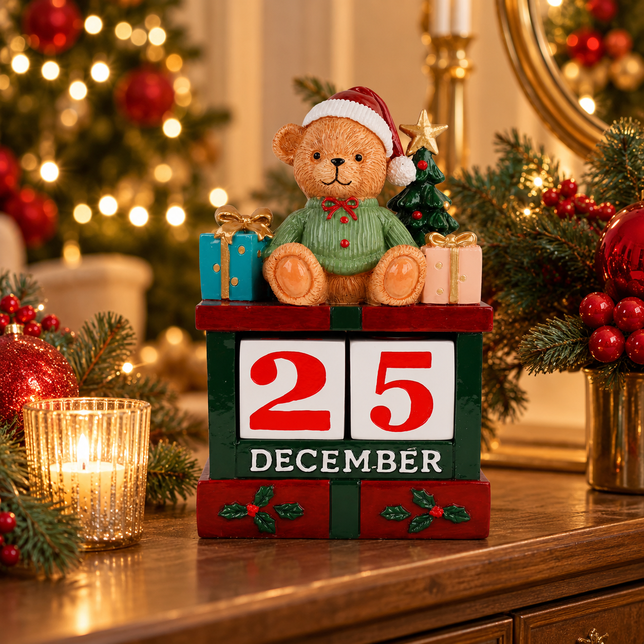 Calendario natalizio con orsacchiotto in resina ambientato tra decorazioni di Natale