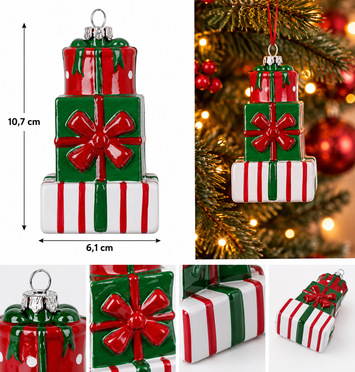 Decorazione pacchi regalo natalizi da appendere dimensioni 6,1 x 6,1 x H 10,7 cm