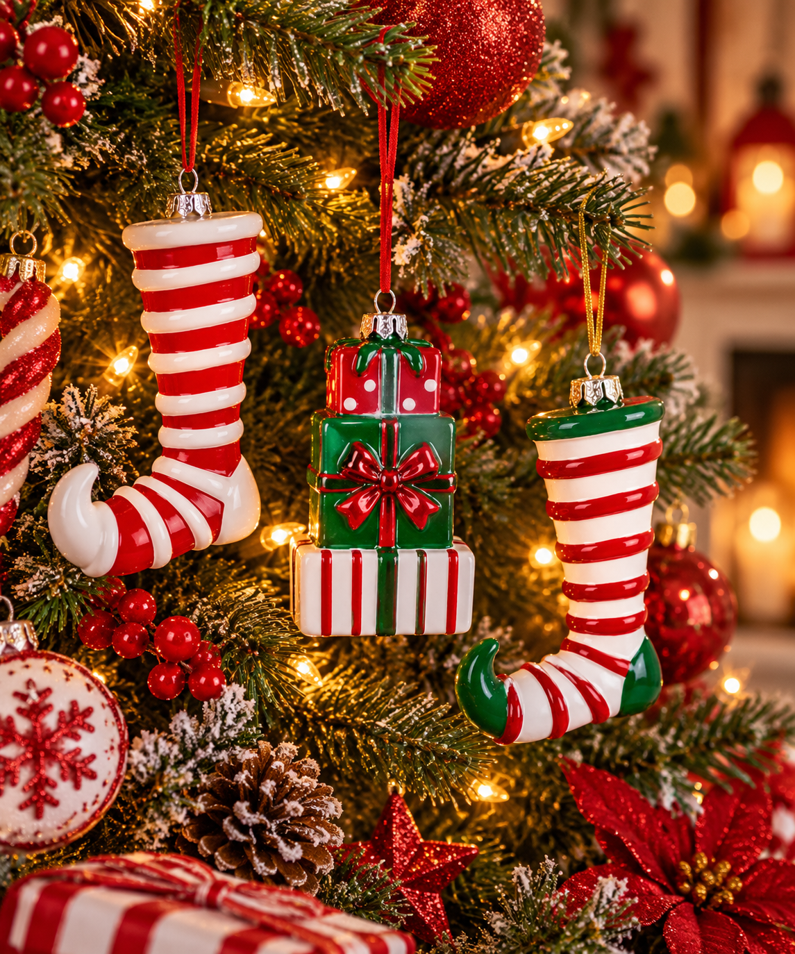 Decorazioni natalizie con pacchi regalo e stivali di elfo appese all’albero di Natale