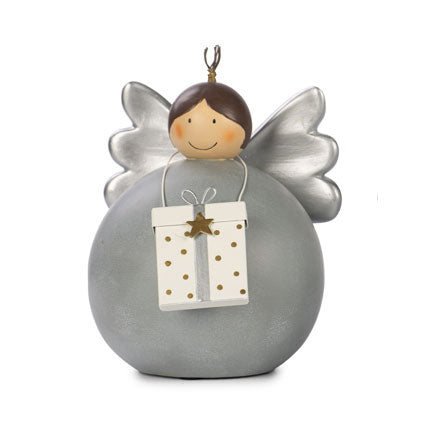 Decoro angelo in ceramica con pacco regalo in metallo e ali argentate - 1248342-P