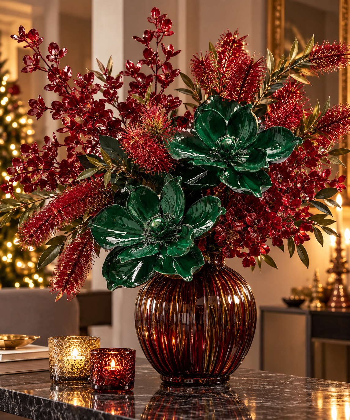 Magnolia Glossy Verde EDG Enzo De Gasperi ambientata in elegante vaso natalizio con rami di Callistemon e Cornus Bordeaux