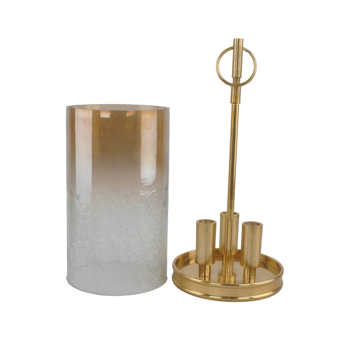 Portacandela 3 candele con cilindro in vetro e struttura interna in alluminio oro