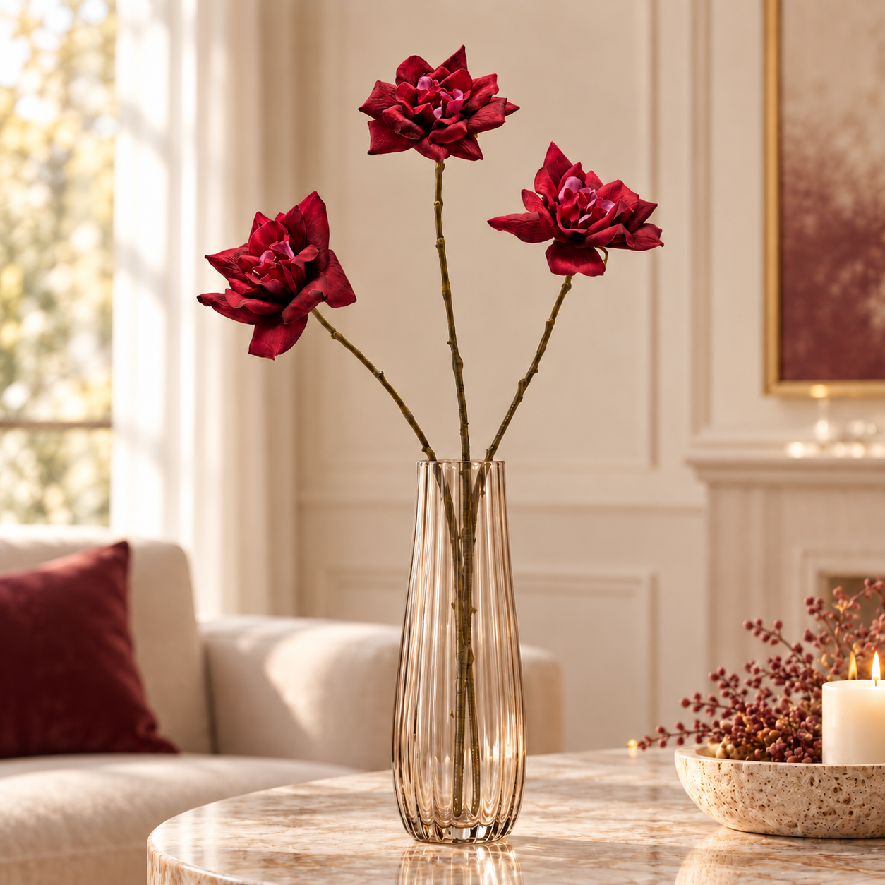 Ramo Rosa Bordeaux X3 Fiori EDG Enzo De Gasperi H 80 cm ambientato 