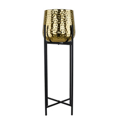Vaso decorativo in alluminio oro martellato con supporto nero H75 cm