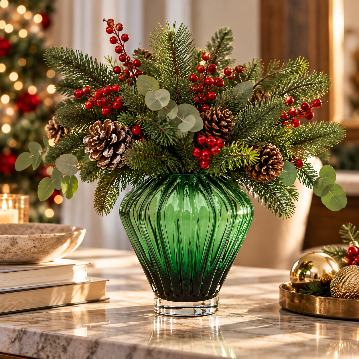 Vaso Diamante Verde EDG Enzo De Gasperi H 20 × Ø 17 cm ambientato con elegante composizione abete e bacche di ilex 
