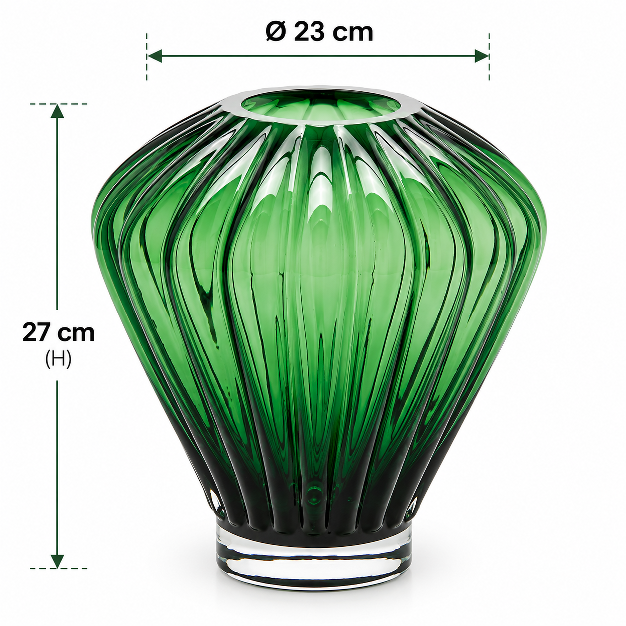 Vaso Diamante Verde EDG Enzo De Gasperi in vetro con dimensioni H 27 × Ø 23 cm e lavorazione scanalata verticale