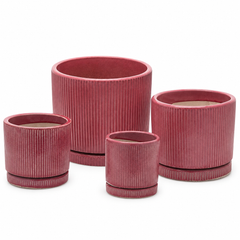 Vaso Glaze Righe Rotondo EDG in Terracotta Corallo H28 con Sottopiatto Integrato