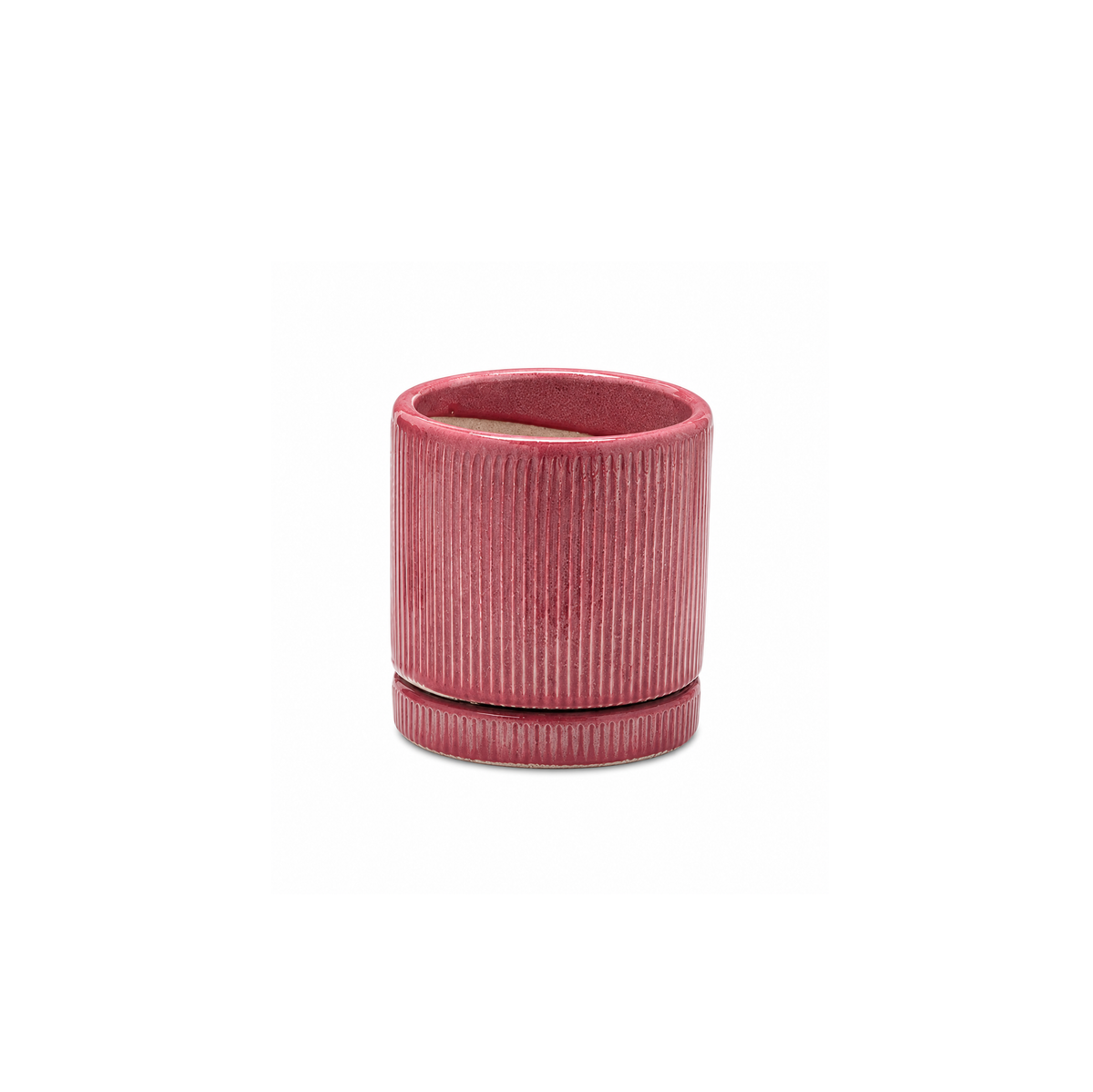 Vaso Glaze Righe Rotondo EDG in Terracotta Corallo H16 con Sottopiatto Integrato