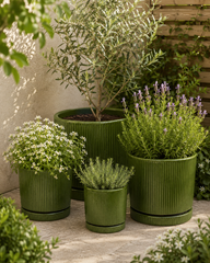 Vaso Glaze Righe Rotondo EDG in Terracotta Verde H16 con Sottopiatto Integrato