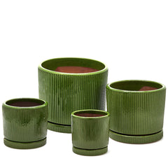 Vaso Glaze Righe Rotondo EDG in Terracotta Verde H28 con Sottopiatto Integrato