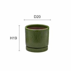 Vaso Glaze Righe Rotondo EDG in Terracotta Verde H19 con Sottopiatto Integrato