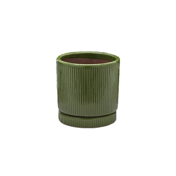 Vaso Glaze Righe Rotondo EDG in Terracotta Verde H23 con Sottopiatto Integrato