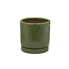 Vaso Glaze Righe Rotondo EDG in Terracotta Verde H28 con Sottopiatto Integrato