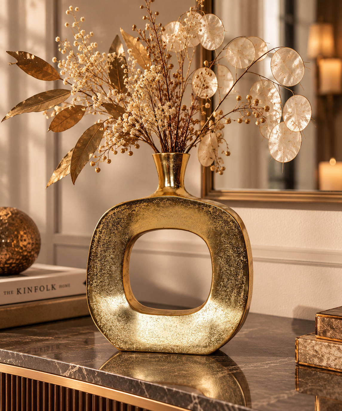 Vaso quadrato in alluminio oro H30,5 cm ambientato su consolle elegante