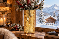 Vaso Renna Cilindro Oro EDG Enzo De Gasperi H 32 × Ø 15 cm ambientato in elegante composizione natalizia