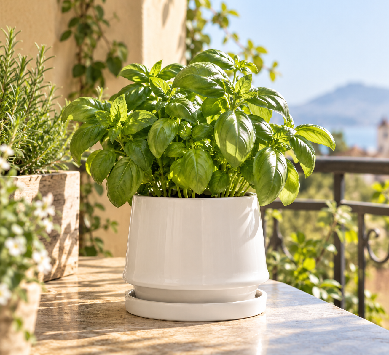 Vaso Trapezio S EDG Enzo De Gasperi in ceramica bianca H 13 × Ø 15 cm con pianta di basilico ambientato su balcone